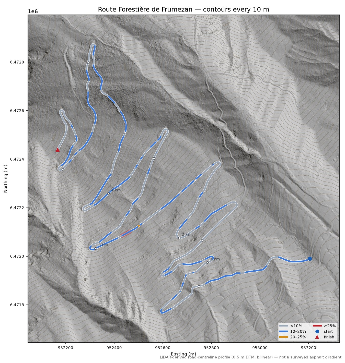 Route Forestière de Frumezan LiDAR hillshade map with contours