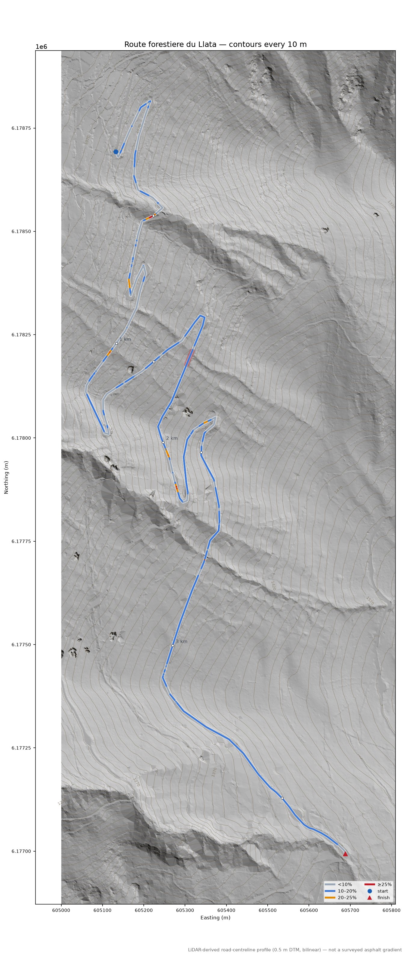 Route forestiere du Llata LiDAR hillshade map with contours