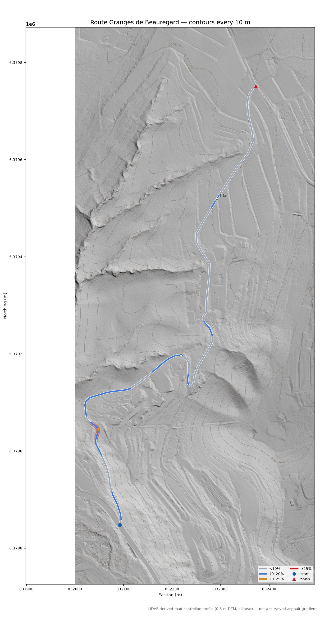 Route Granges de Beauregard LiDAR hillshade map with contours