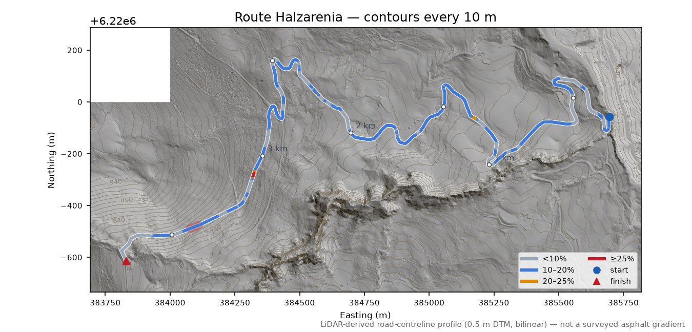 Route Halzarenia LiDAR hillshade map with contours