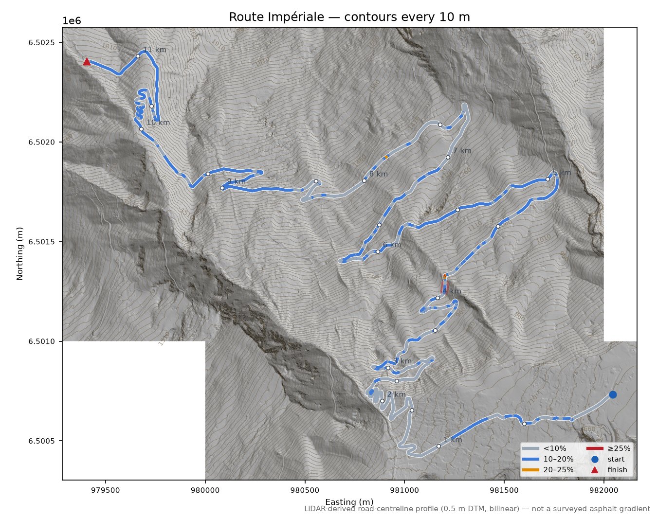 Route Impériale LiDAR hillshade map with contours