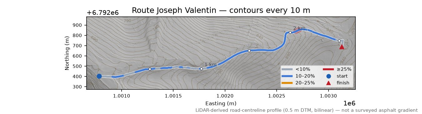 Route Joseph Valentin LiDAR hillshade map with contours