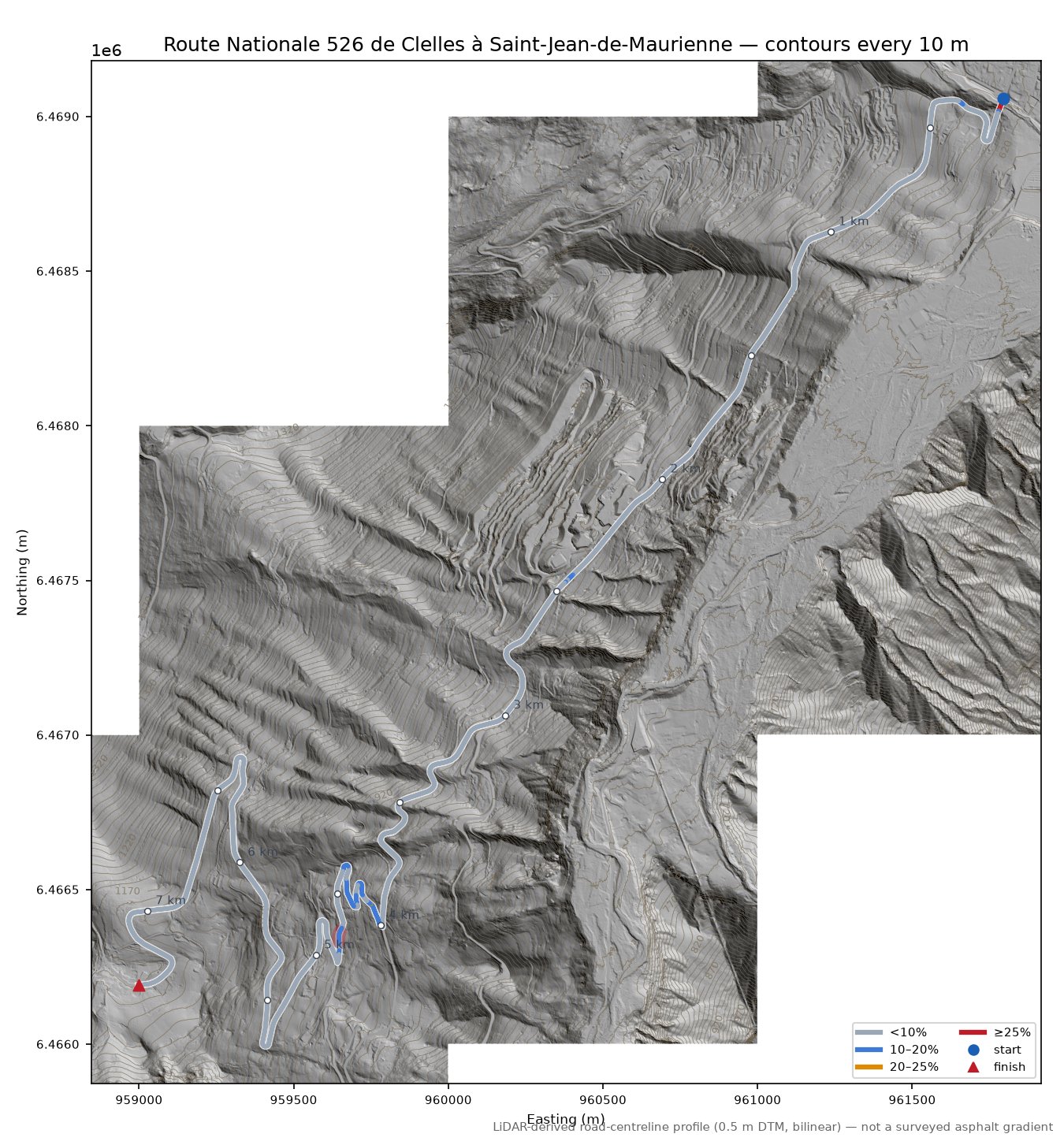 Route Nationale 526 de Clelles à Saint-Jean-de-Maurienne LiDAR hillshade map with contours