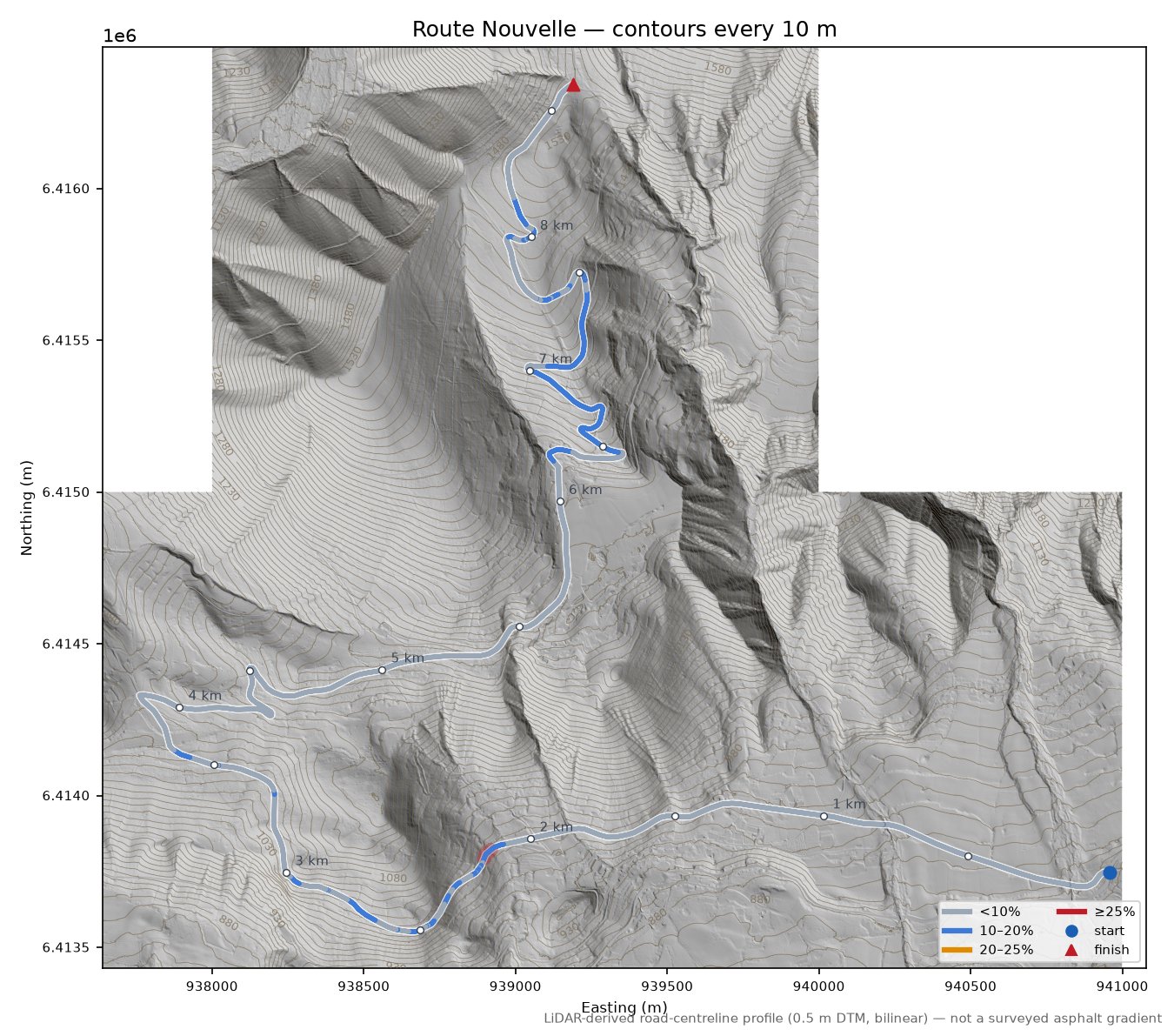 Route Nouvelle LiDAR hillshade map with contours