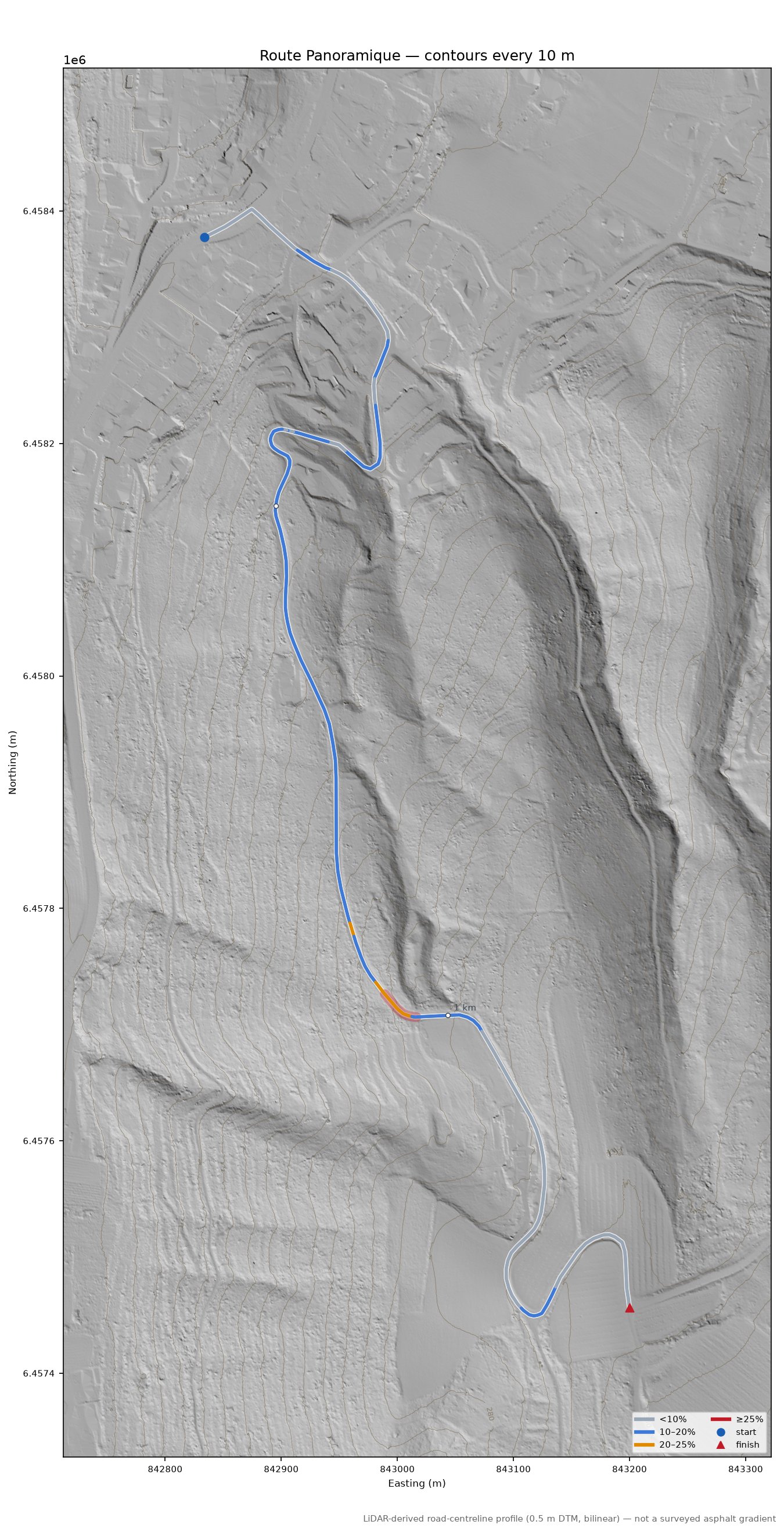 Route Panoramique LiDAR hillshade map with contours