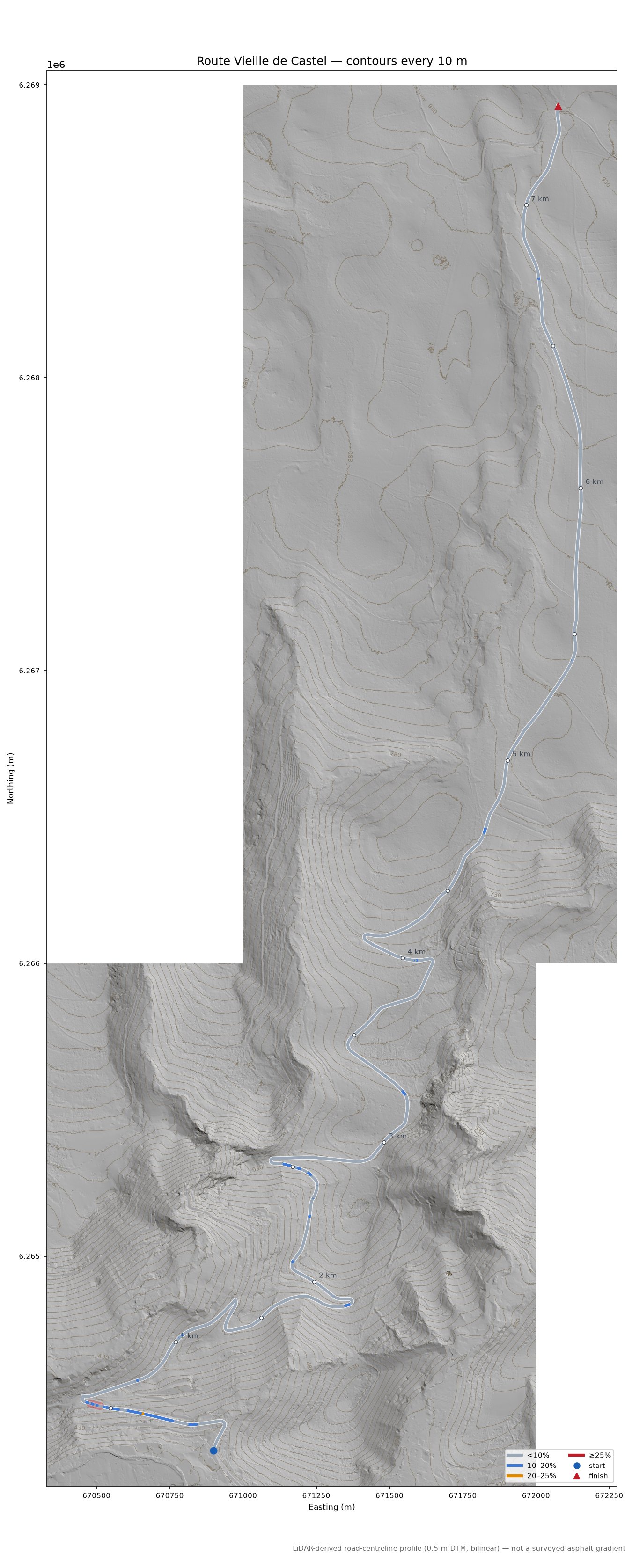 Route Vieille de Castel LiDAR hillshade map with contours