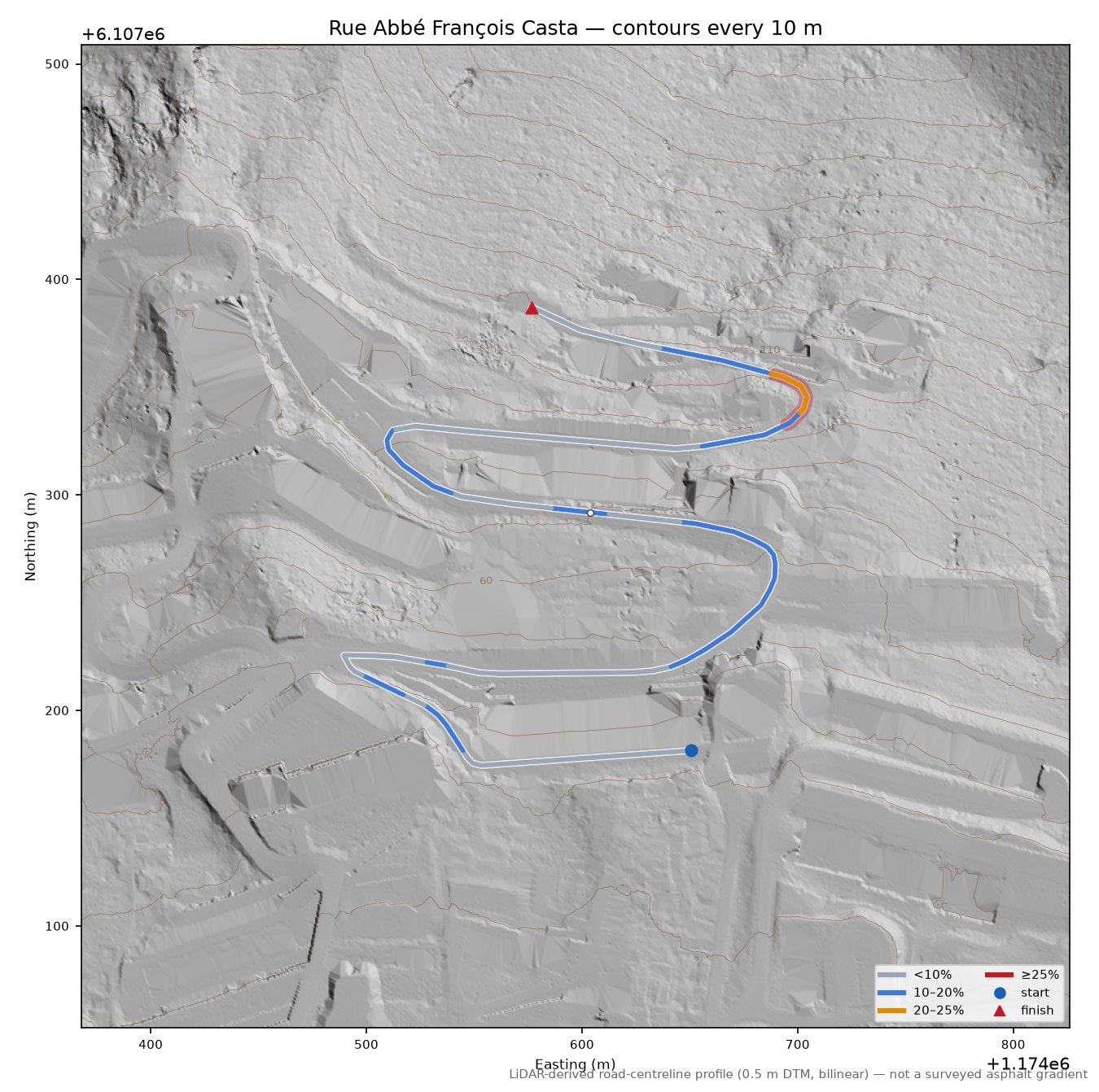Rue Abbé François Casta LiDAR hillshade map with contours