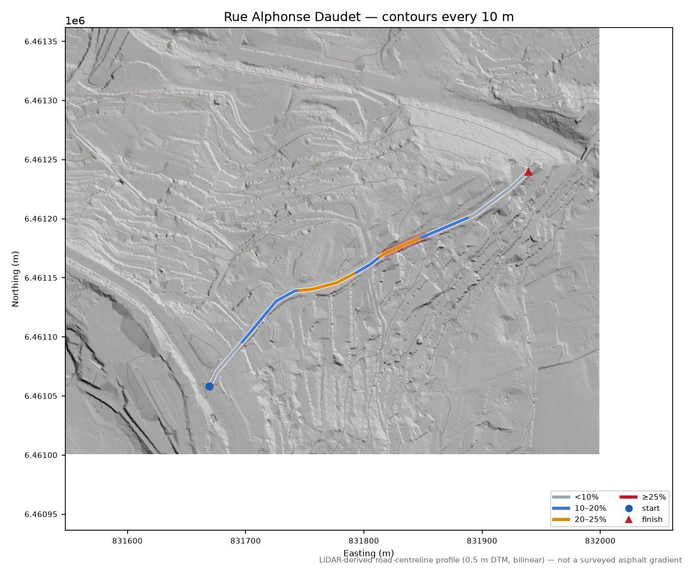 Rue Alphonse Daudet LiDAR hillshade map with contours