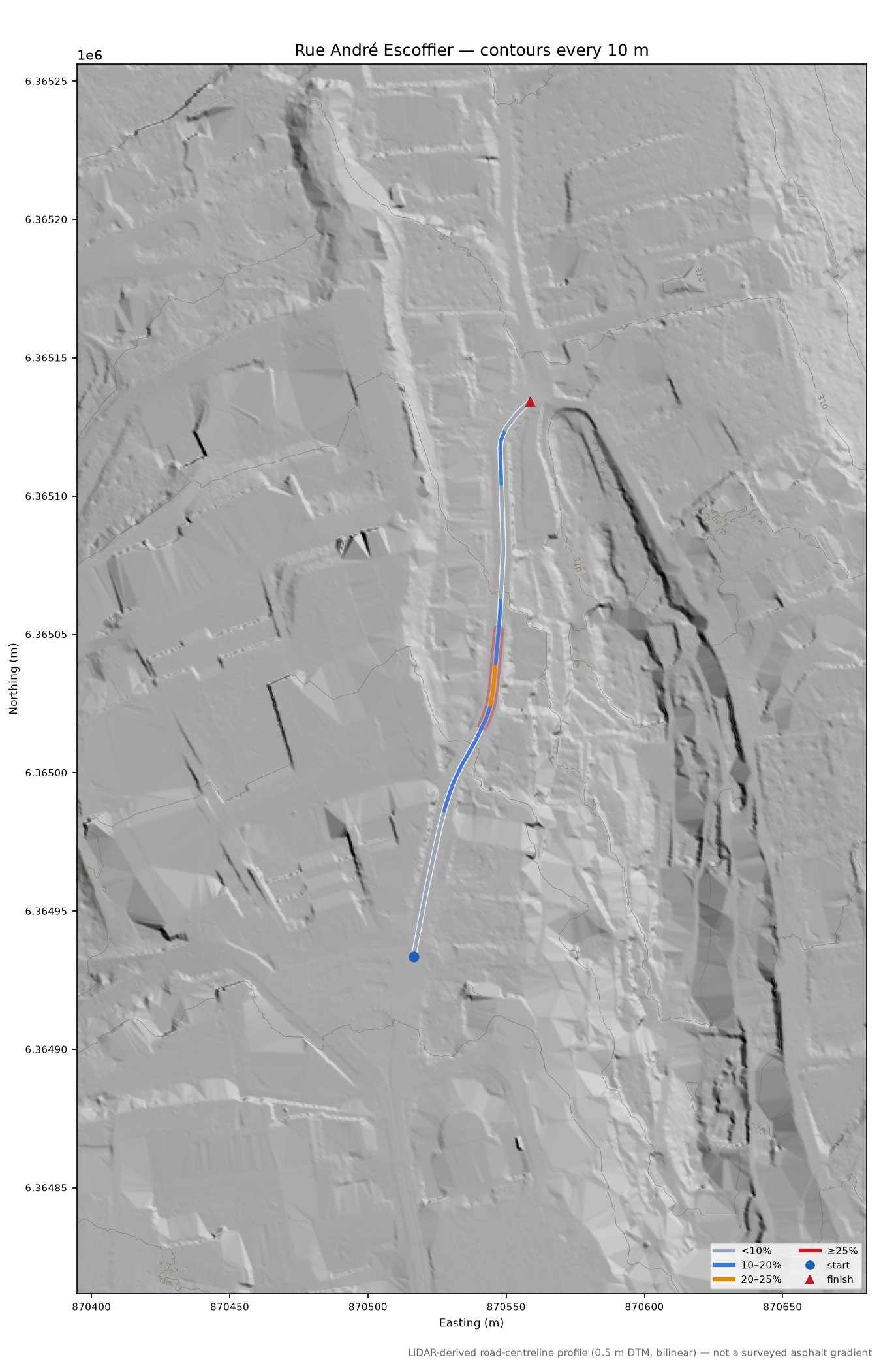 Rue André Escoffier LiDAR hillshade map with contours