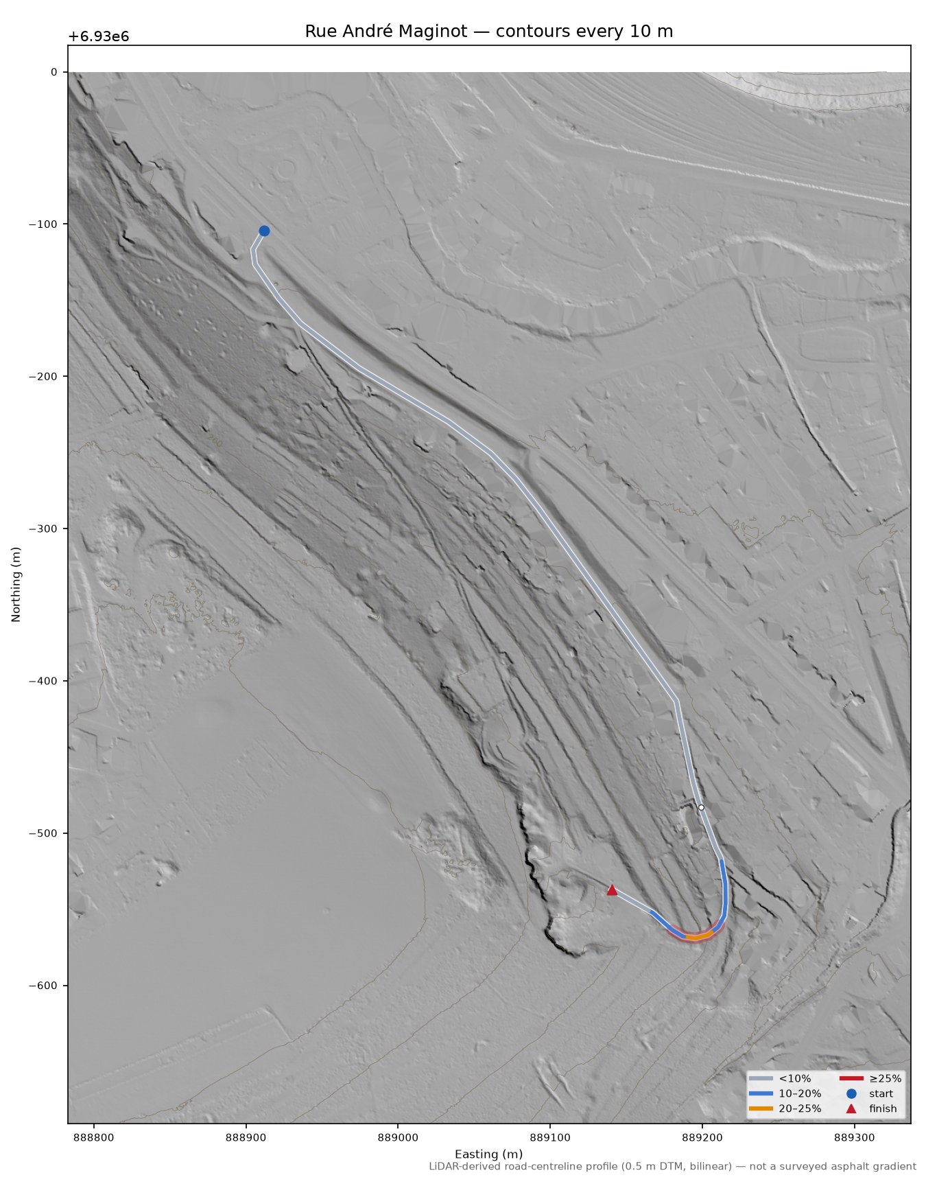 Rue André Maginot LiDAR hillshade map with contours