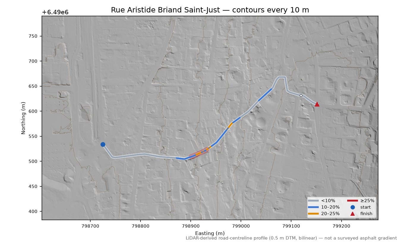 Rue Aristide Briand Saint-Just LiDAR hillshade map with contours