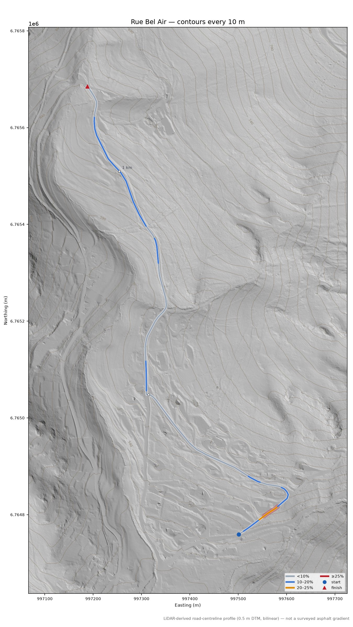 Rue Bel Air LiDAR hillshade map with contours