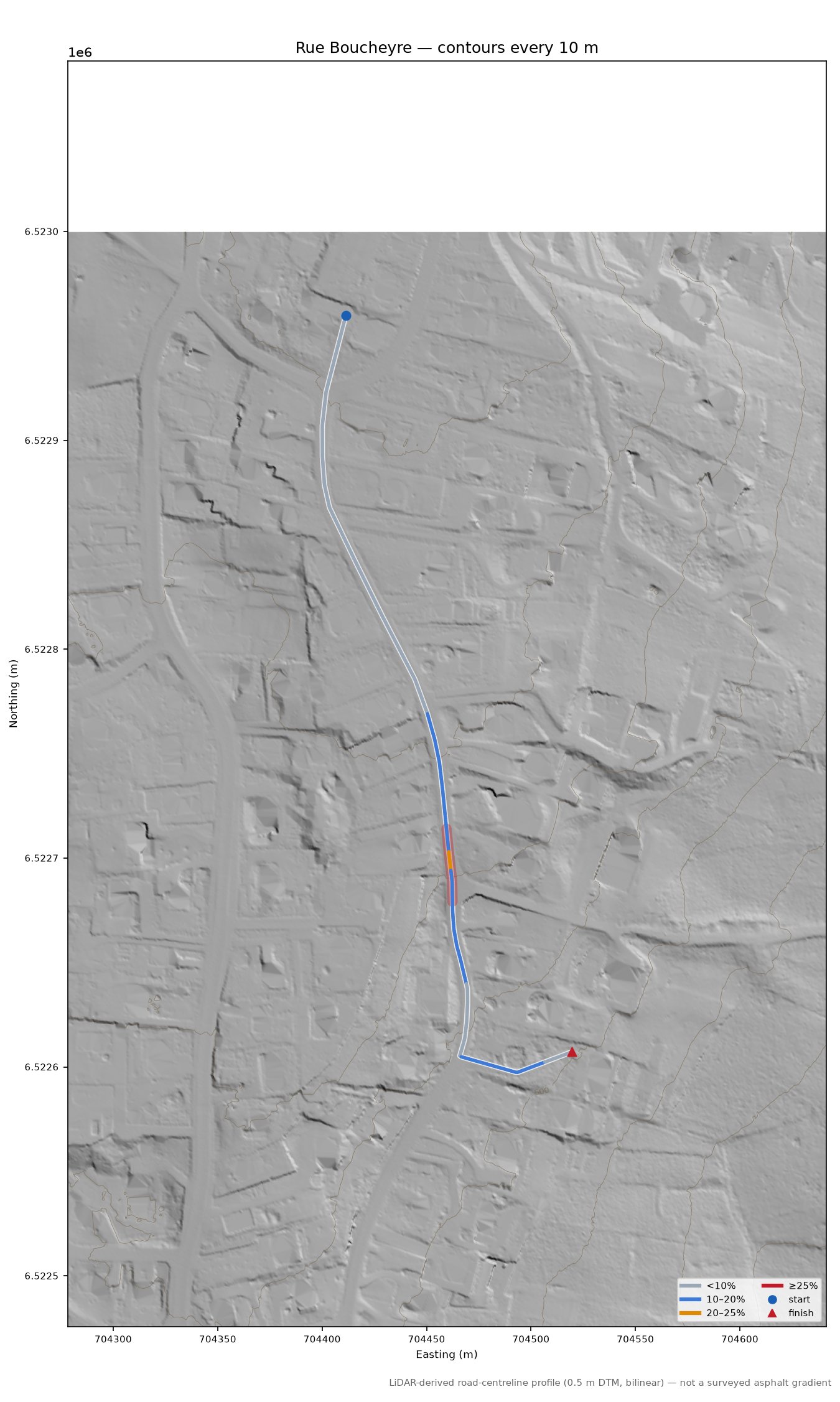 Rue Boucheyre LiDAR hillshade map with contours
