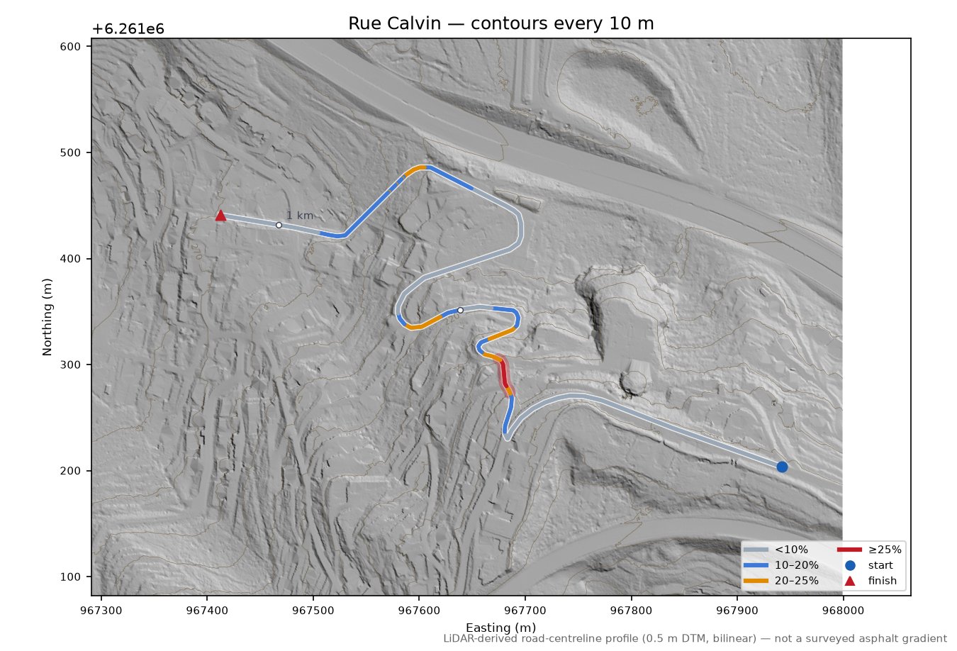Rue Calvin LiDAR hillshade map with contours