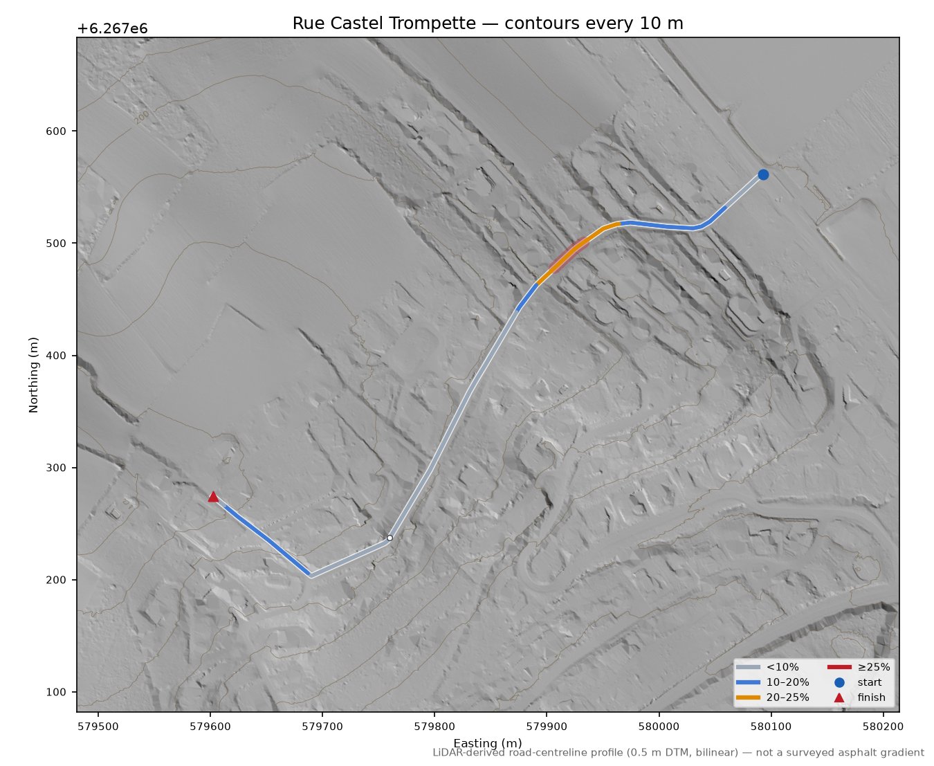 Rue Castel Trompette LiDAR hillshade map with contours