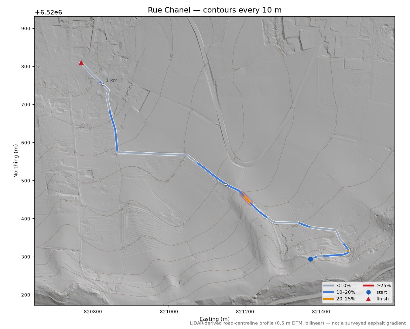 Rue Chanel LiDAR hillshade map with contours
