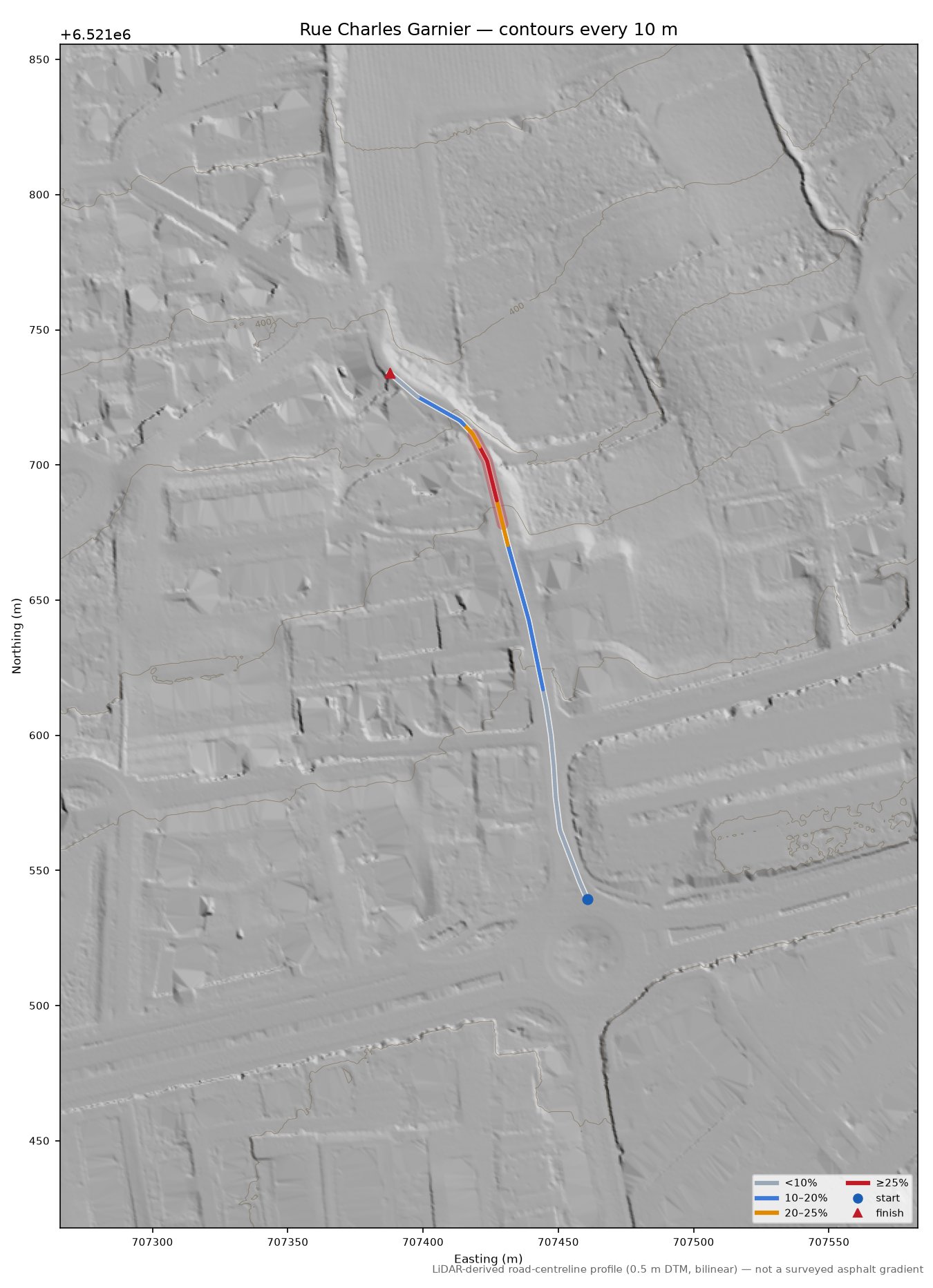 Rue Charles Garnier LiDAR hillshade map with contours