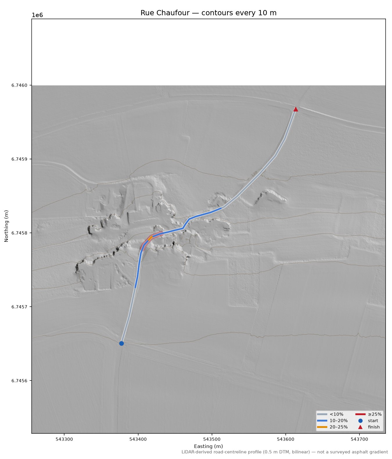 Rue Chaufour LiDAR hillshade map with contours