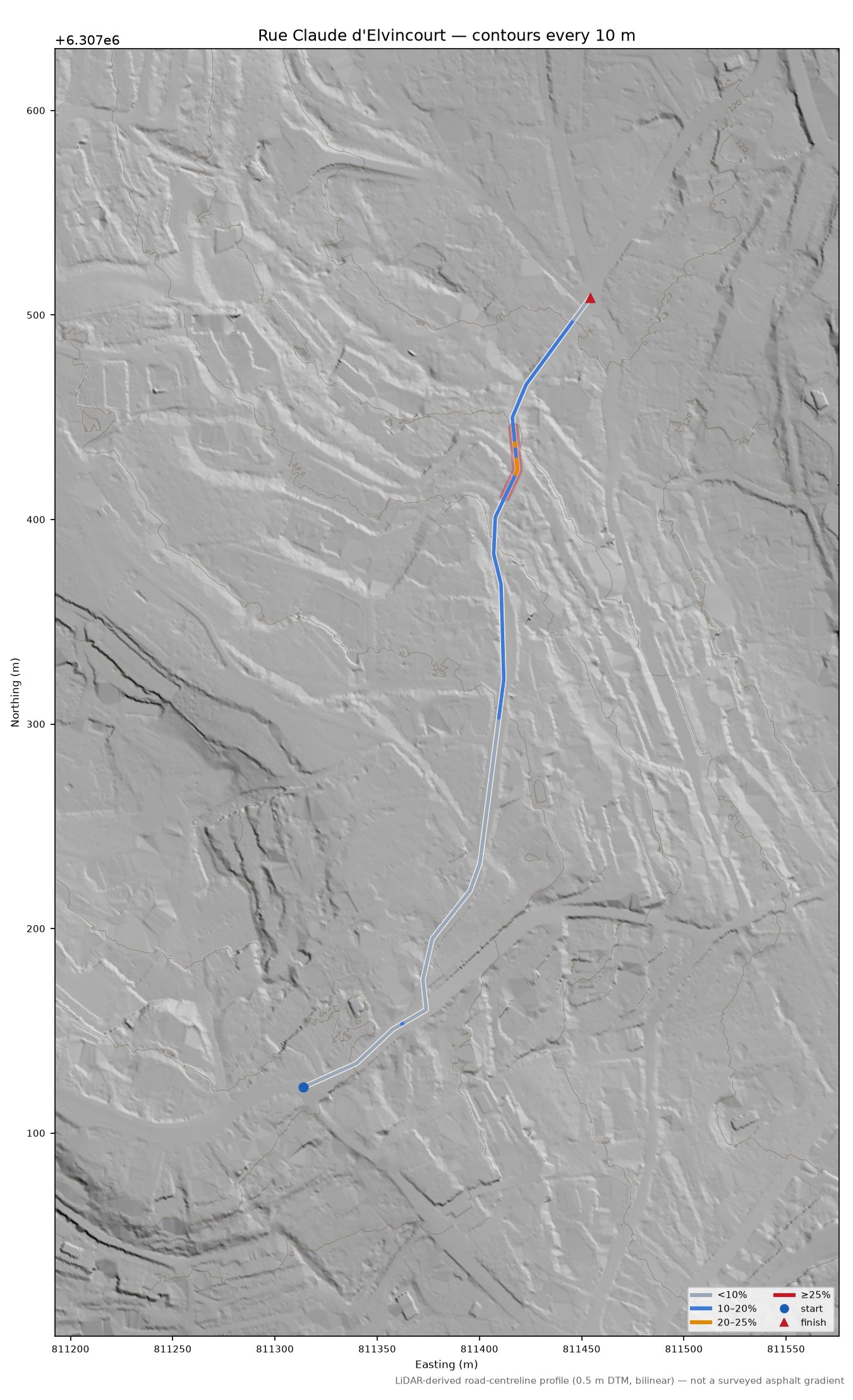 Rue Claude d'Elvincourt LiDAR hillshade map with contours