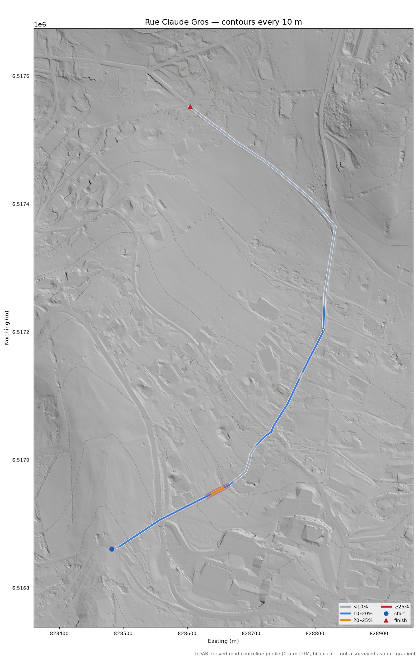 Rue Claude Gros LiDAR hillshade map with contours