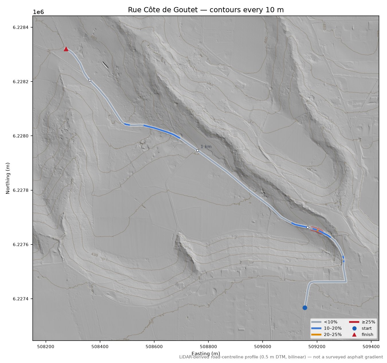 Rue Côte de Goutet LiDAR hillshade map with contours