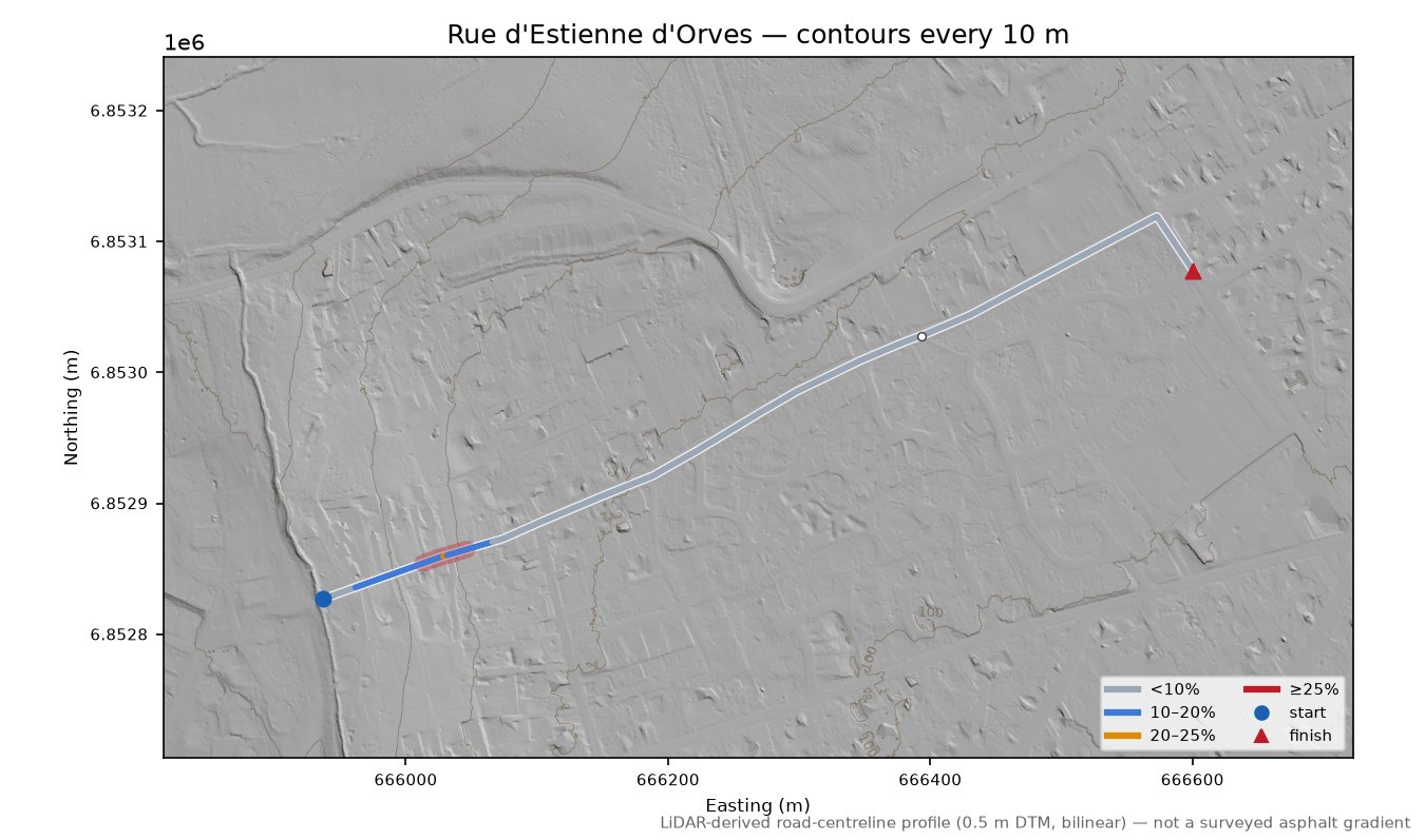 Rue d'Estienne d'Orves LiDAR hillshade map with contours