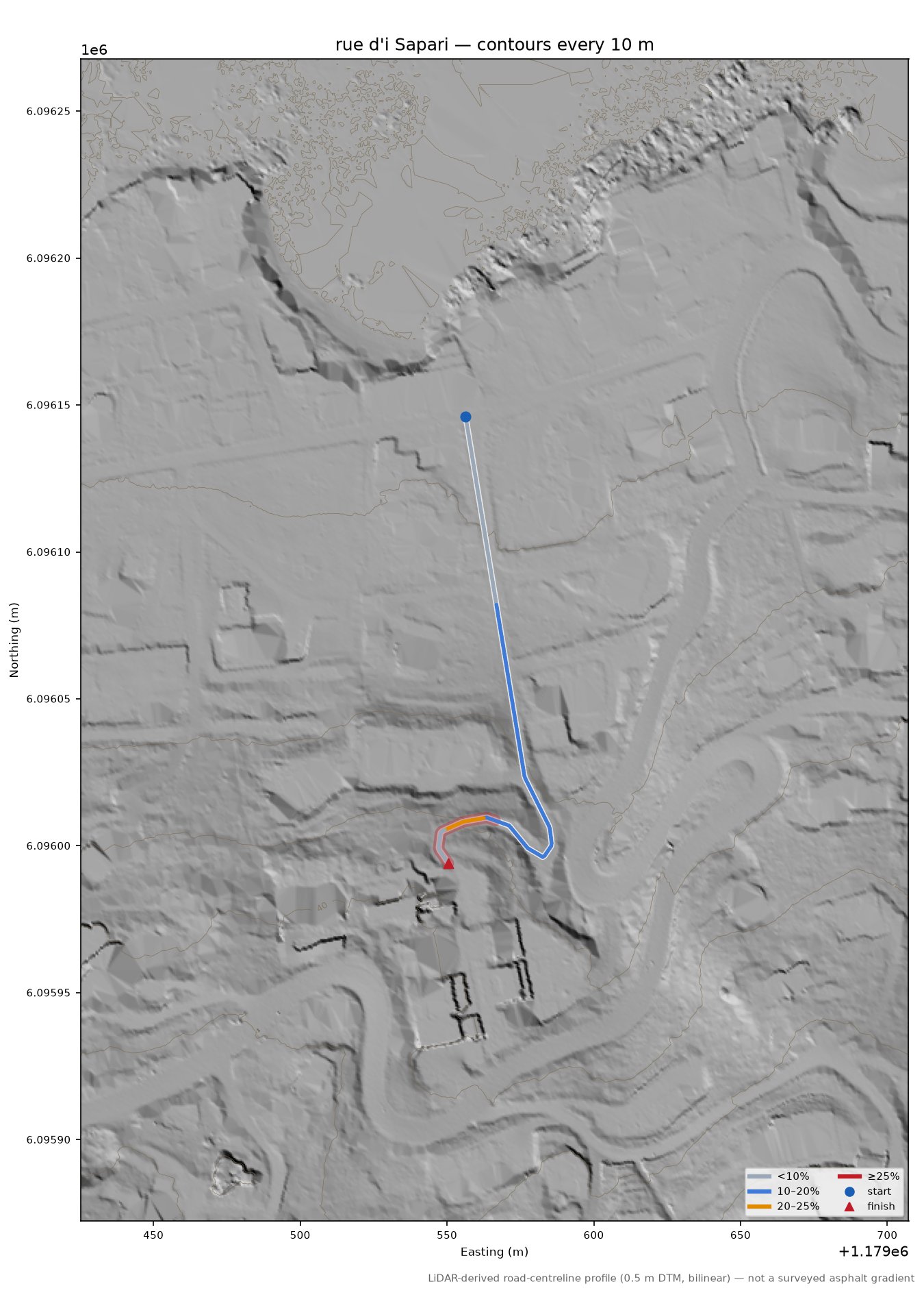 rue d'i Sapari LiDAR hillshade map with contours