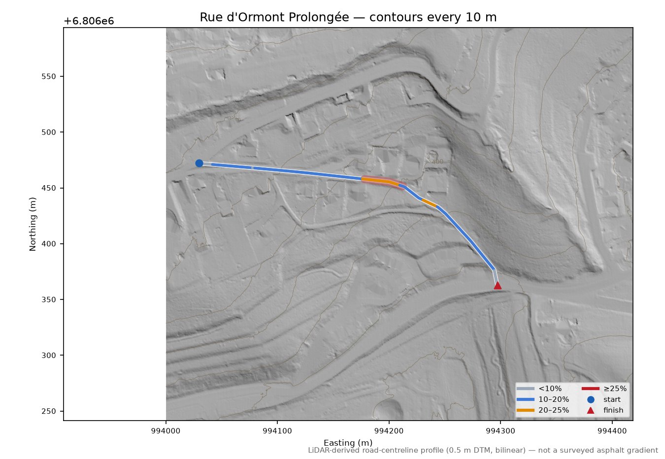 Rue d'Ormont Prolongée LiDAR hillshade map with contours