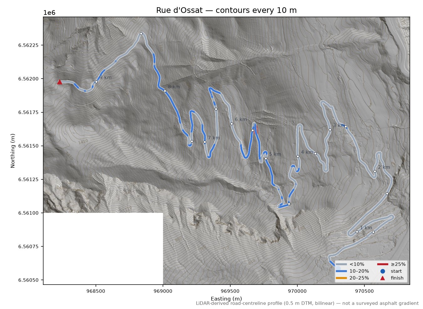 Rue d'Ossat LiDAR hillshade map with contours