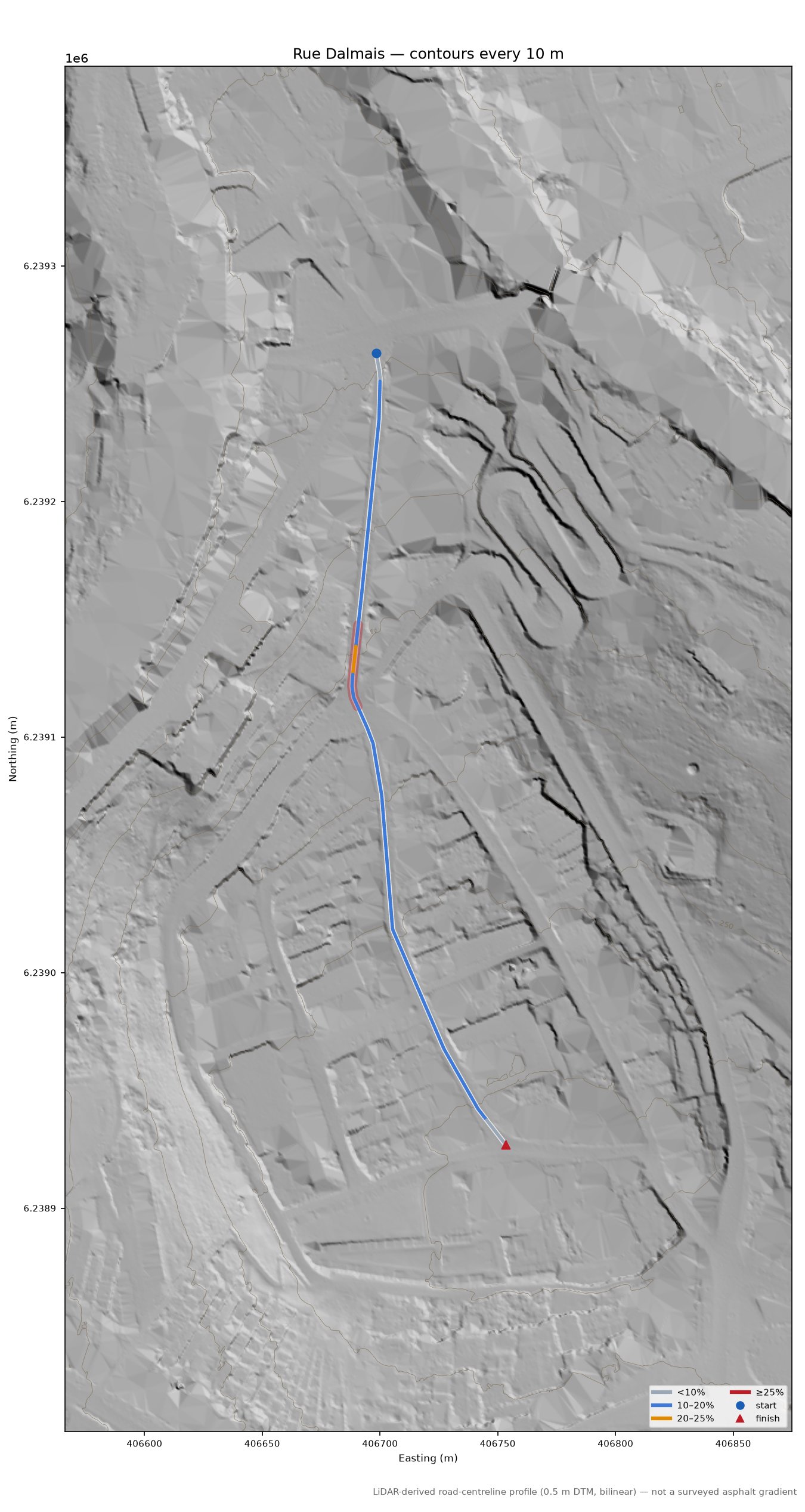 Rue Dalmais LiDAR hillshade map with contours