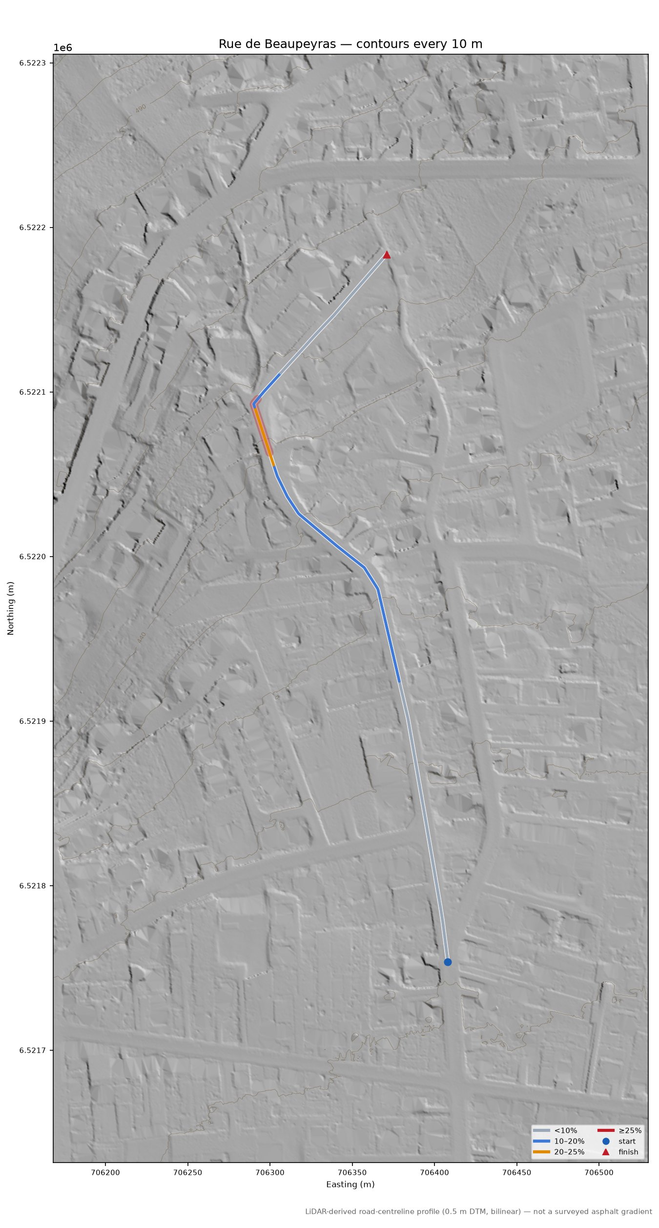 Rue de Beaupeyras LiDAR hillshade map with contours