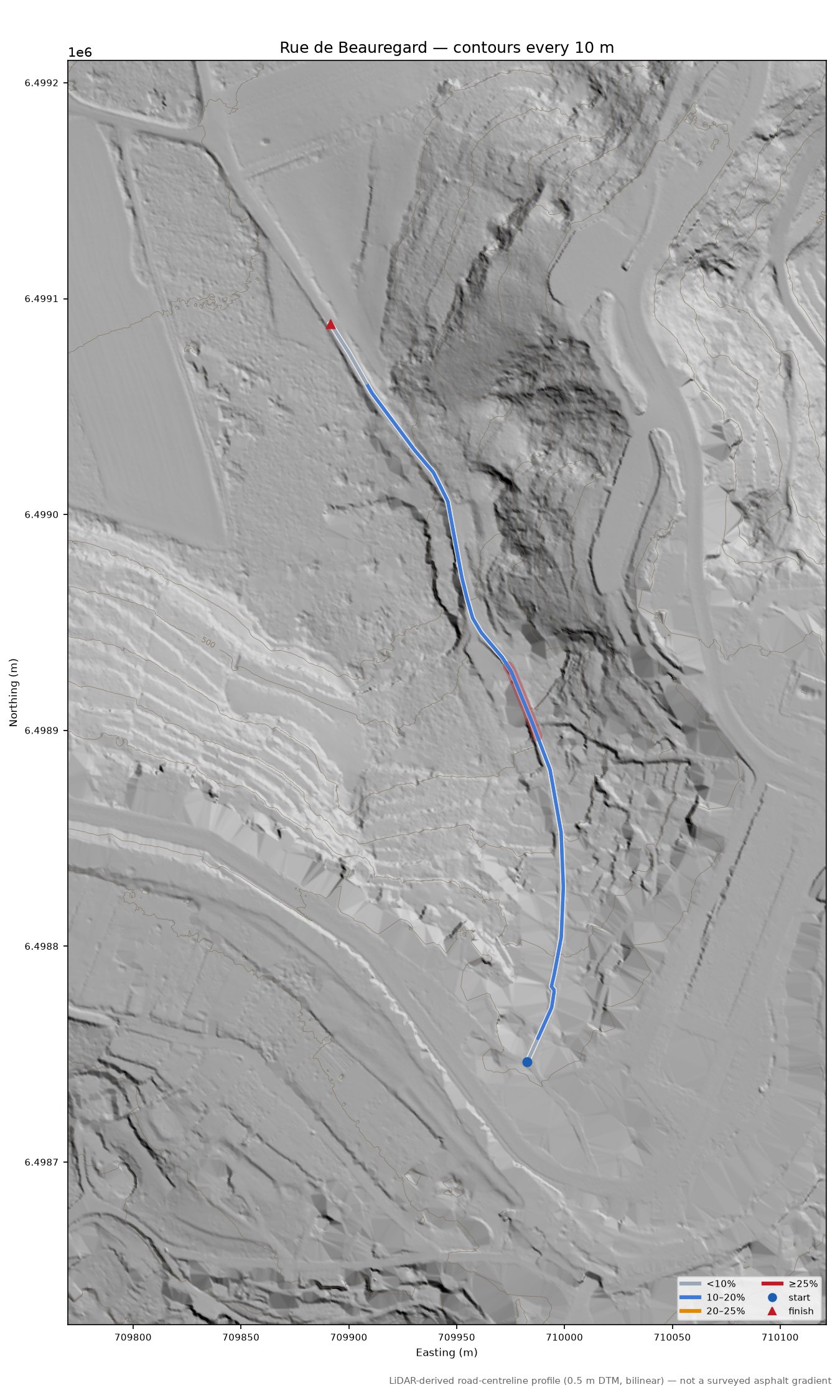 Rue de Beauregard LiDAR hillshade map with contours