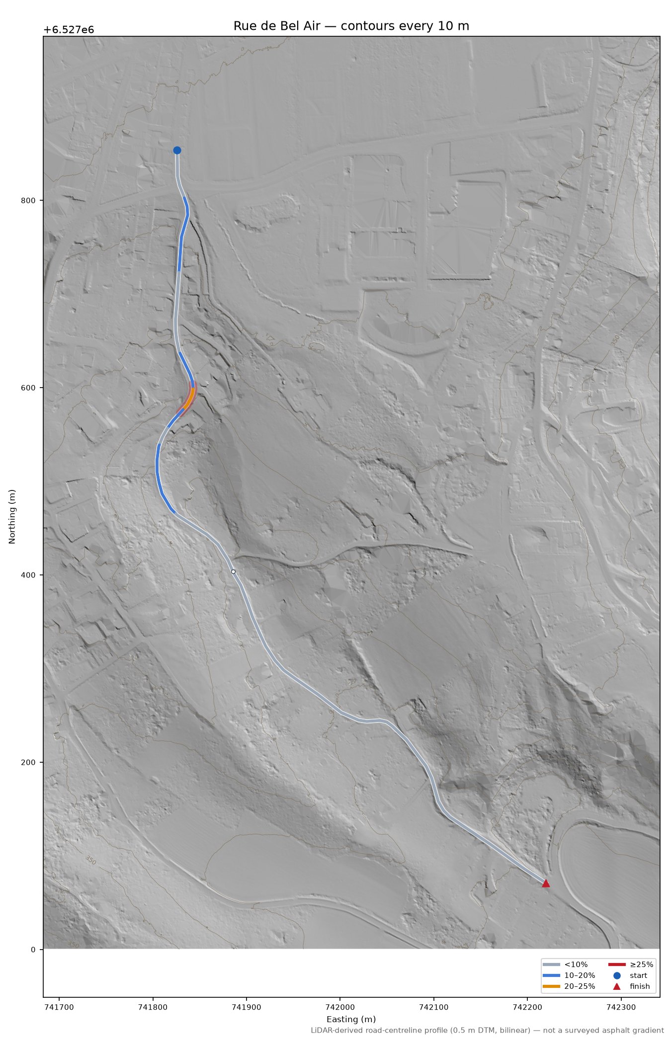 Rue de Bel Air LiDAR hillshade map with contours