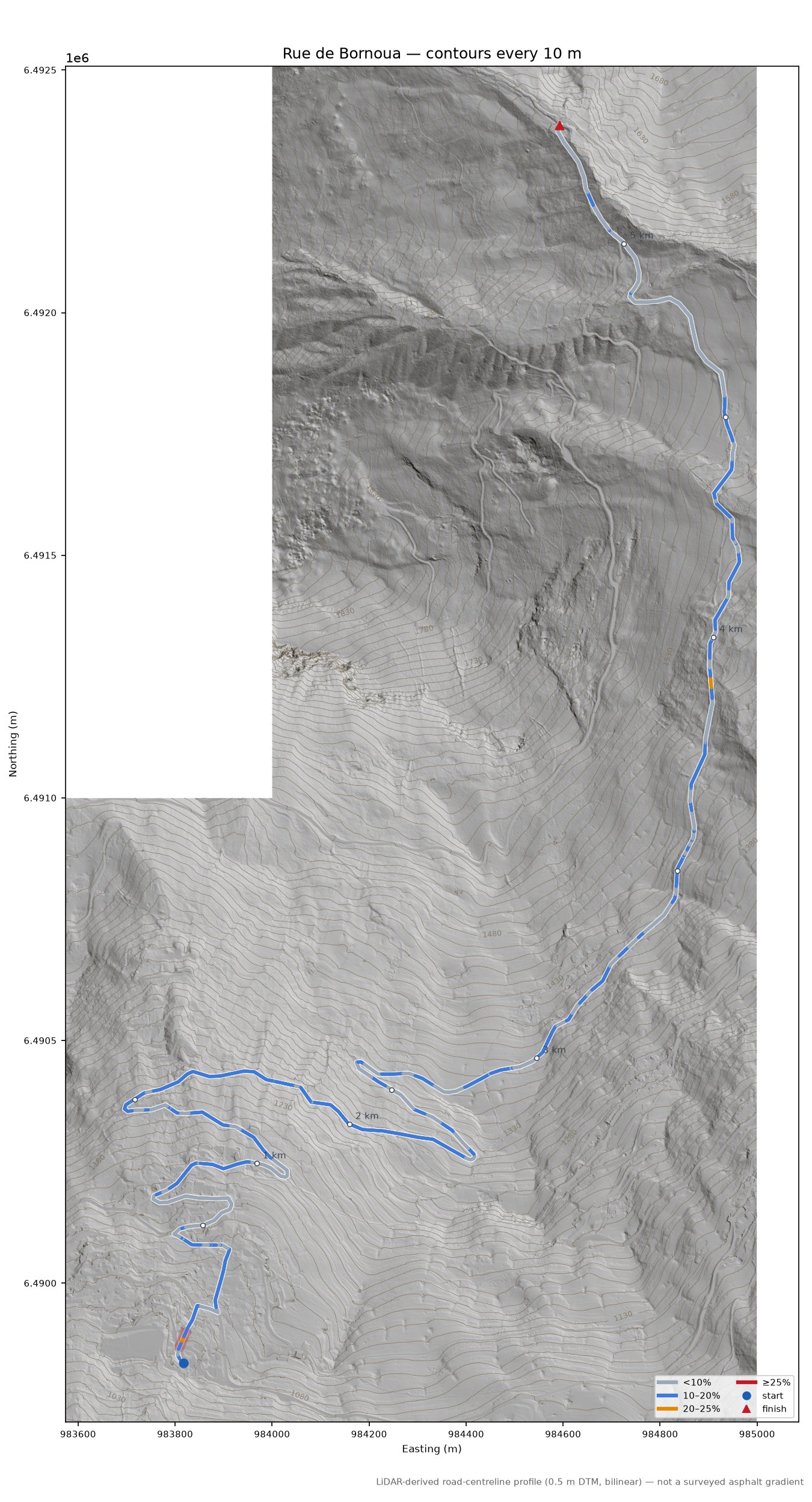 Rue de Bornoua LiDAR hillshade map with contours