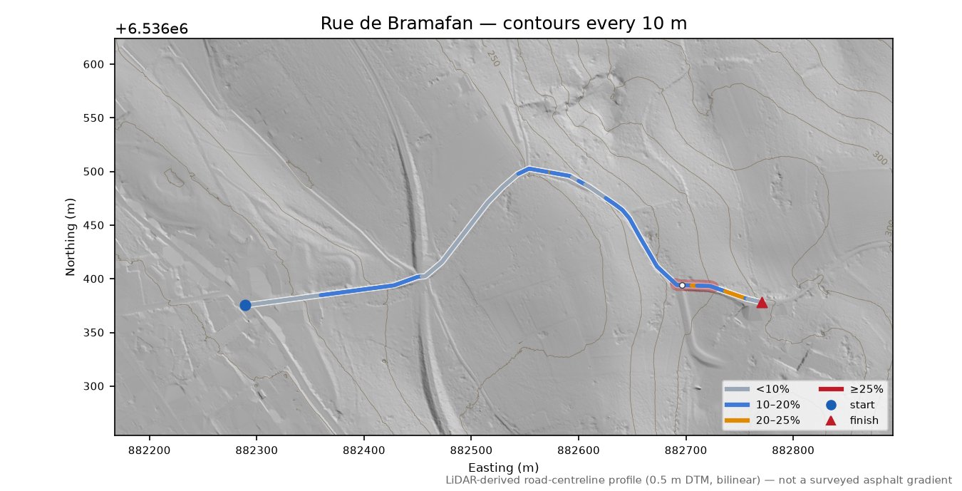 Rue de Bramafan LiDAR hillshade map with contours