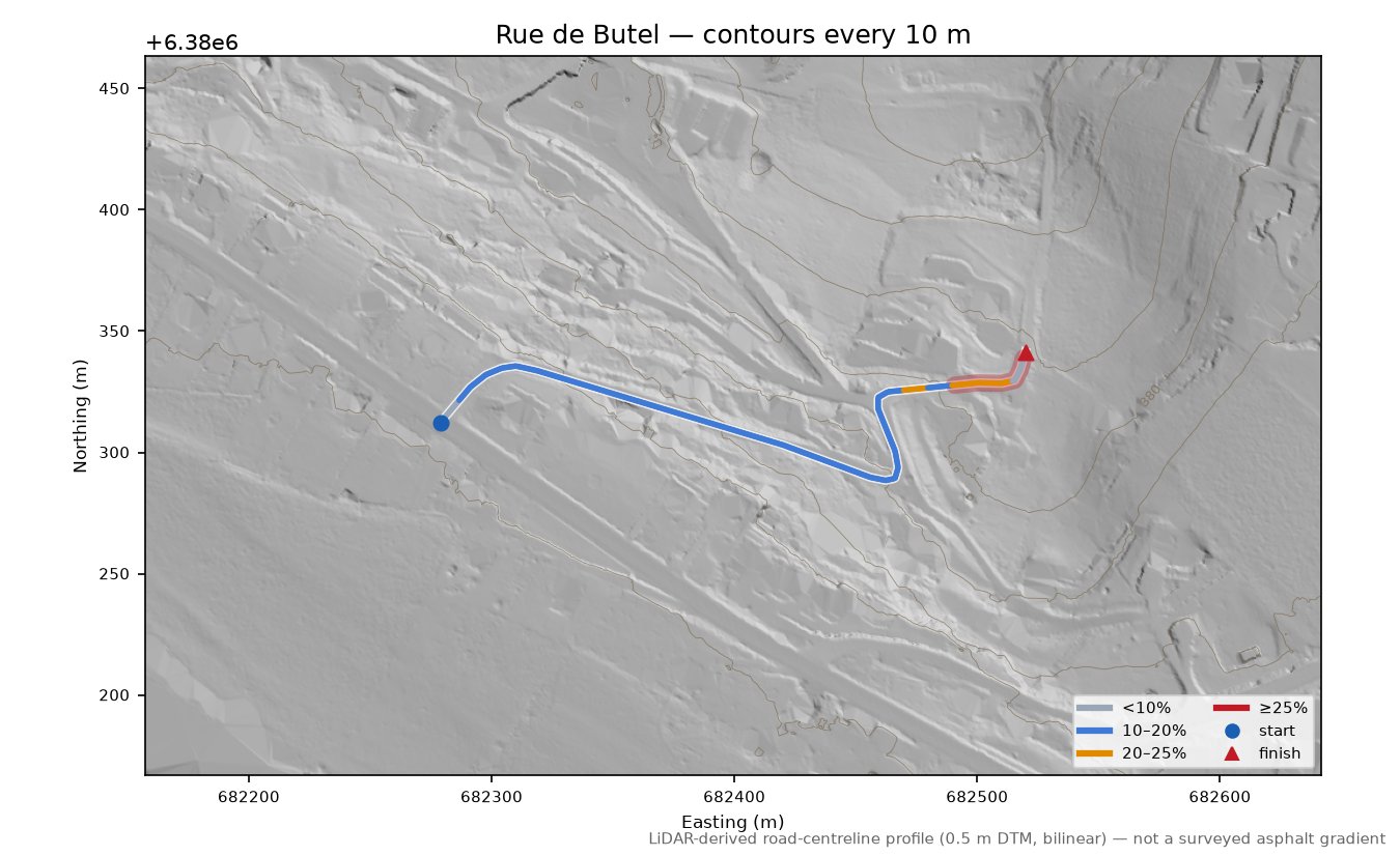 Rue de Butel LiDAR hillshade map with contours