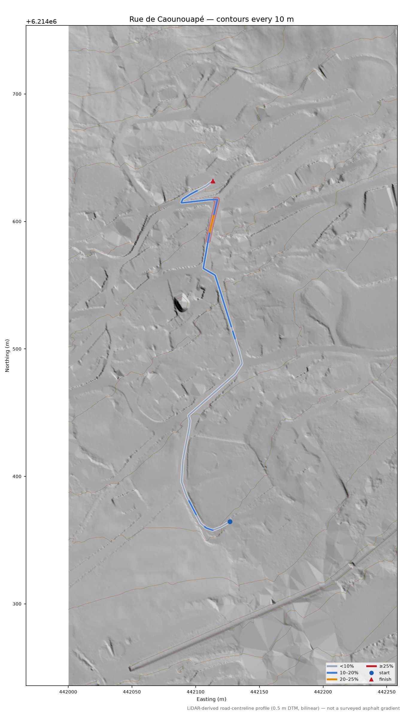 Rue de Caounouapé LiDAR hillshade map with contours