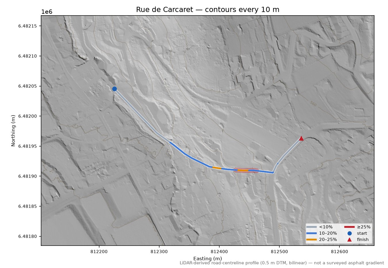 Rue de Carcaret LiDAR hillshade map with contours