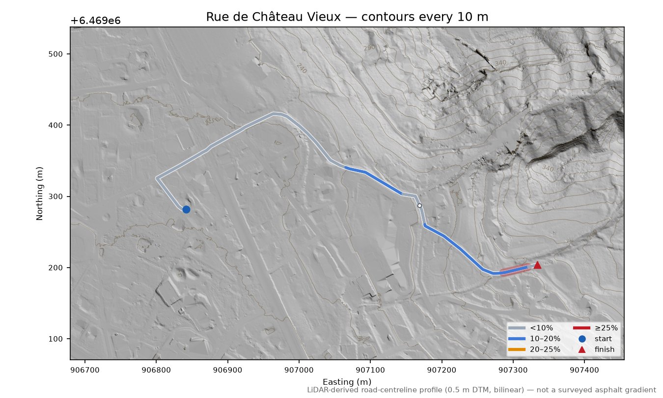 Rue de Château Vieux LiDAR hillshade map with contours