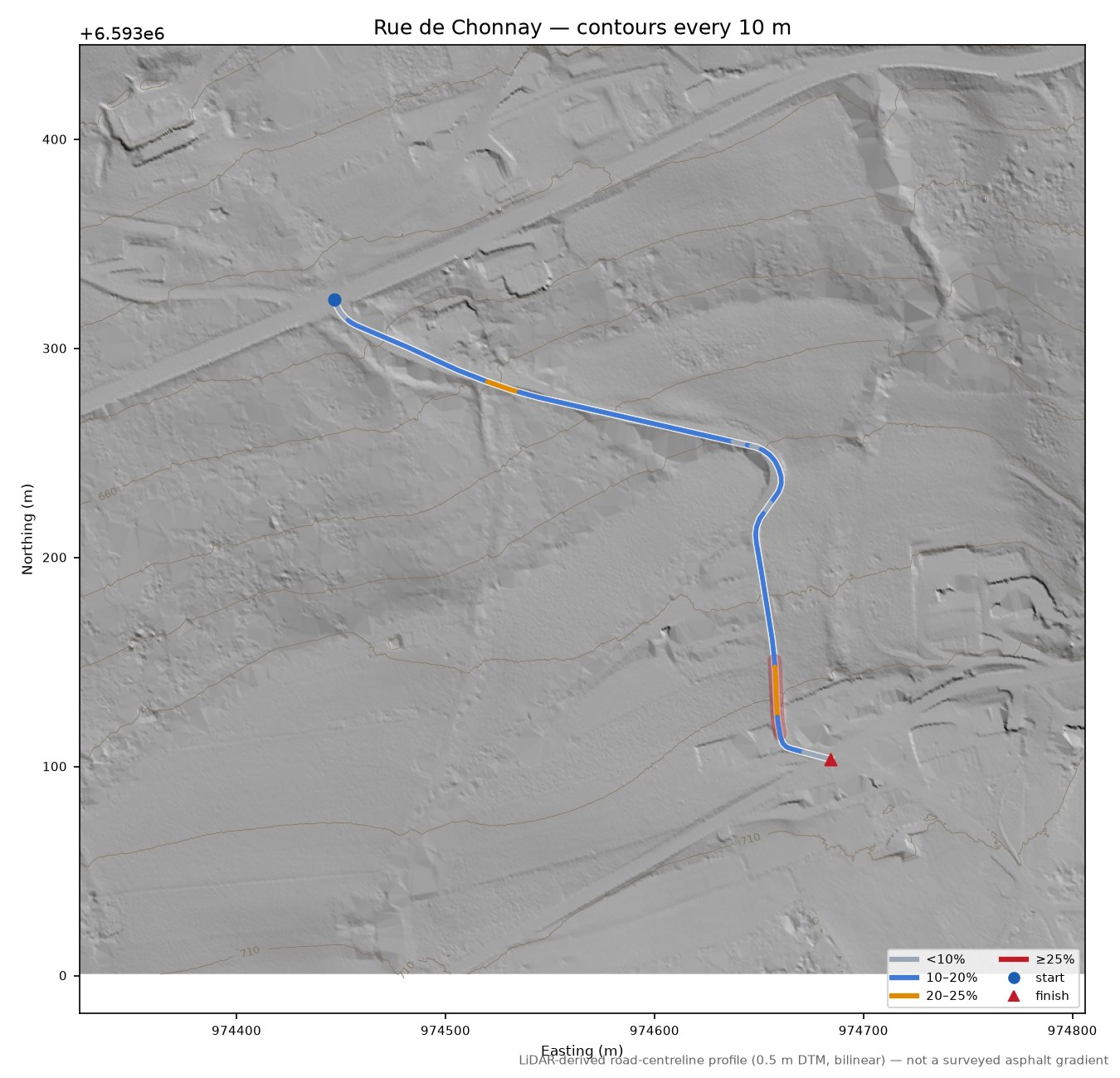 Rue de Chonnay LiDAR hillshade map with contours