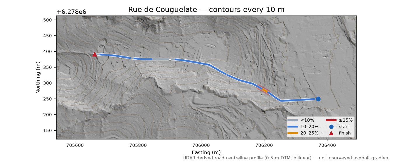 Rue de Couguelate LiDAR hillshade map with contours