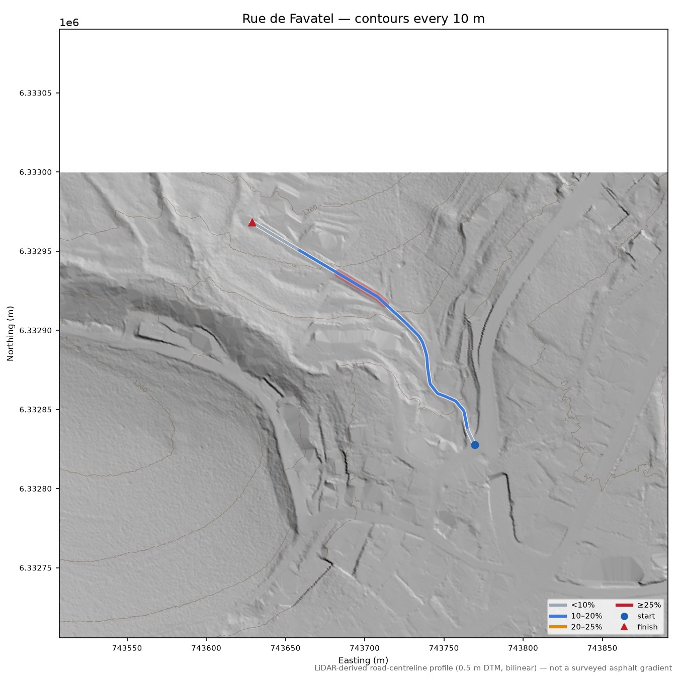 Rue de Favatel LiDAR hillshade map with contours
