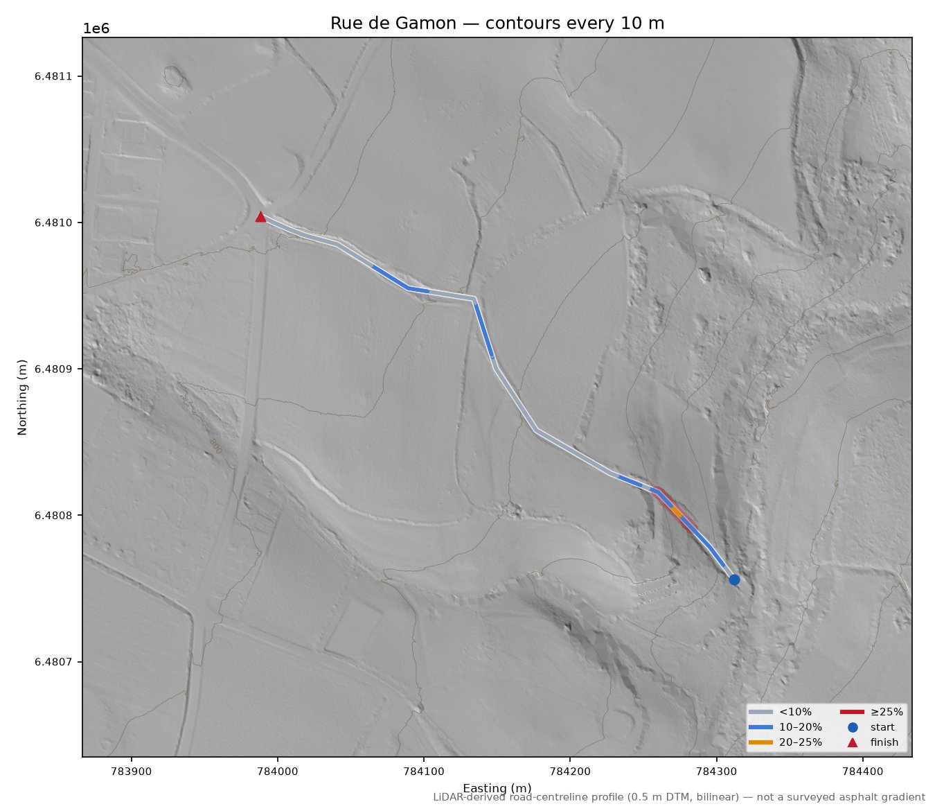 Rue de Gamon LiDAR hillshade map with contours