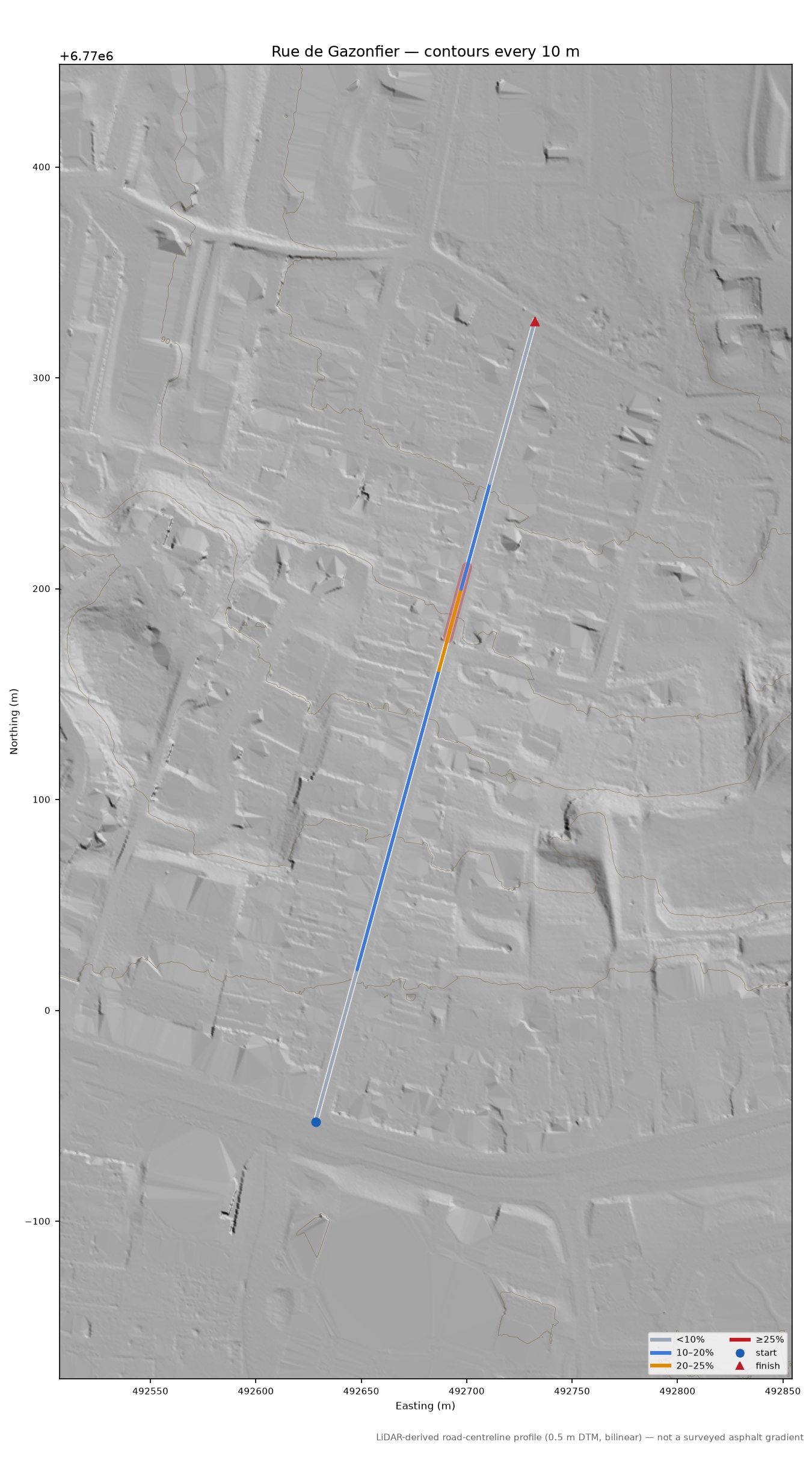 Rue de Gazonfier LiDAR hillshade map with contours