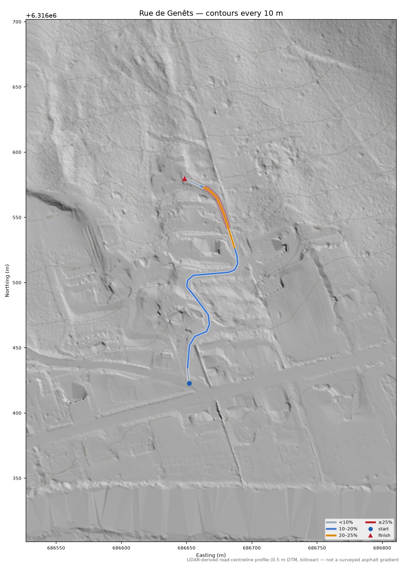Rue de Genêts LiDAR hillshade map with contours