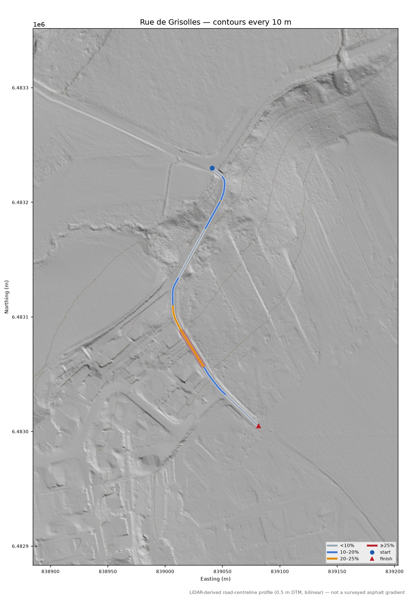 Rue de Grisolles LiDAR hillshade map with contours