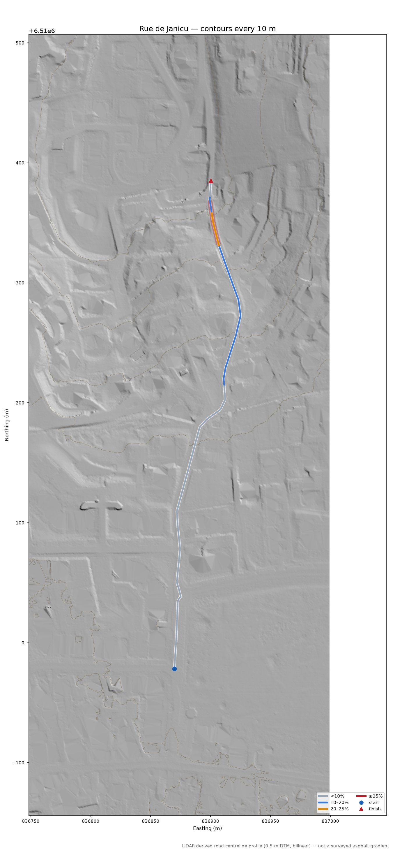 Rue de Janicu LiDAR hillshade map with contours