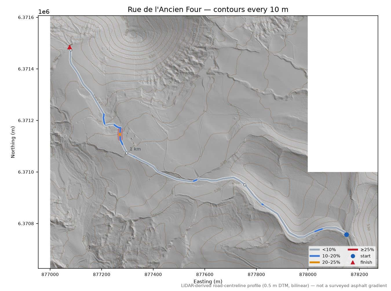 Rue de l'Ancien Four LiDAR hillshade map with contours