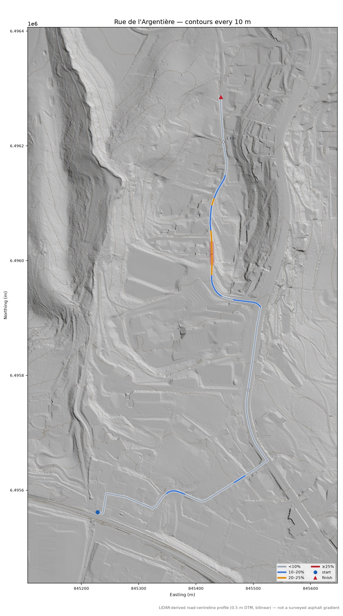 Rue de l'Argentière LiDAR hillshade map with contours
