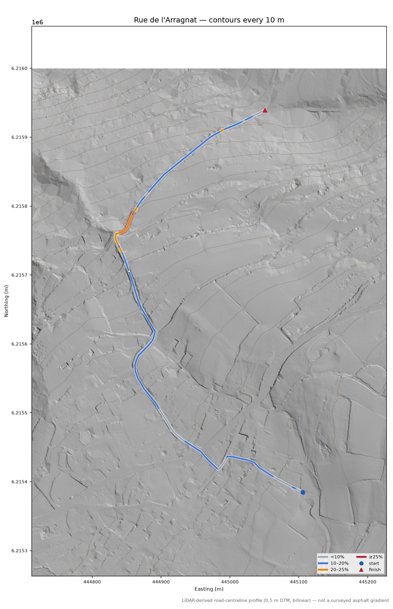 Rue de l'Arragnat LiDAR hillshade map with contours